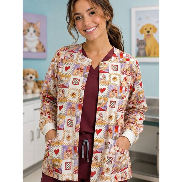 cotton Scrubs Tops - Cotton Scrubs Cat Teddy Heart Patchwork Print Scrub Jacket Estimated Size Large